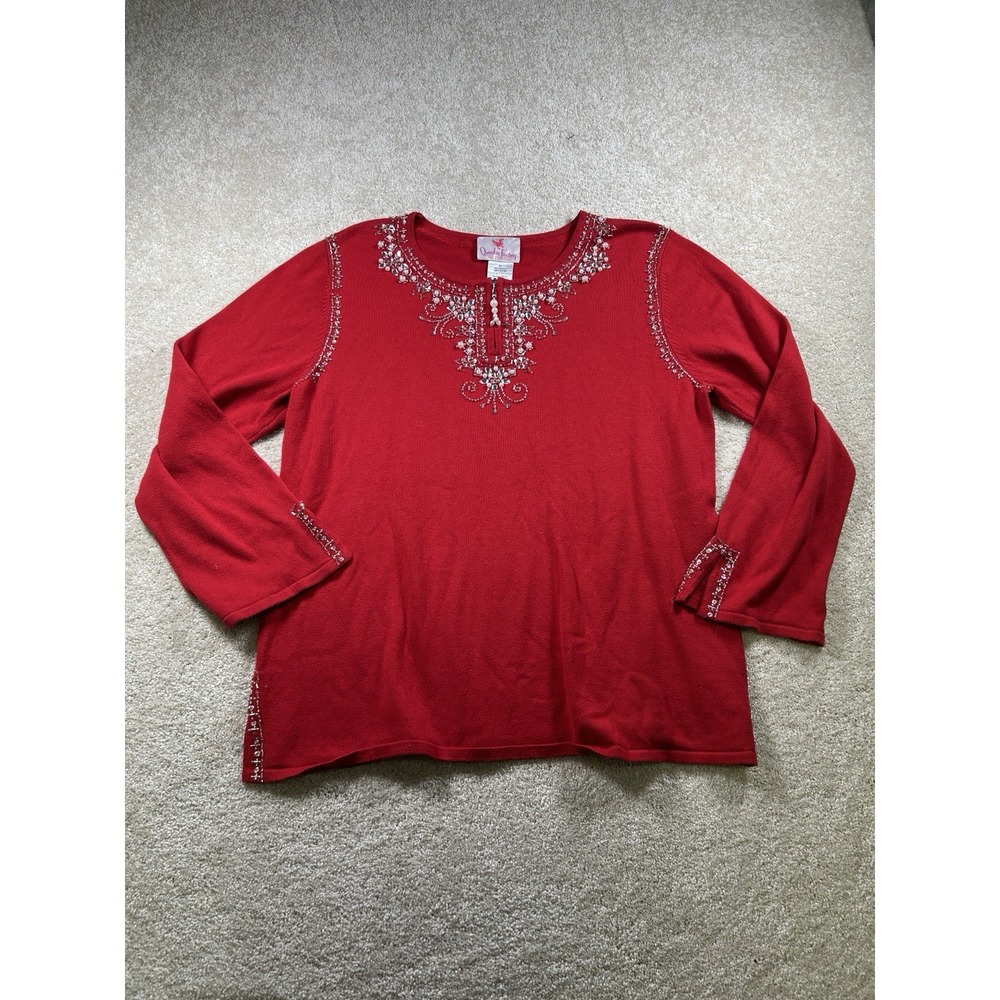 Quacker Factory Womens‎ Size Xl 1/4 Beaded Pullover Tunic Sweater Red